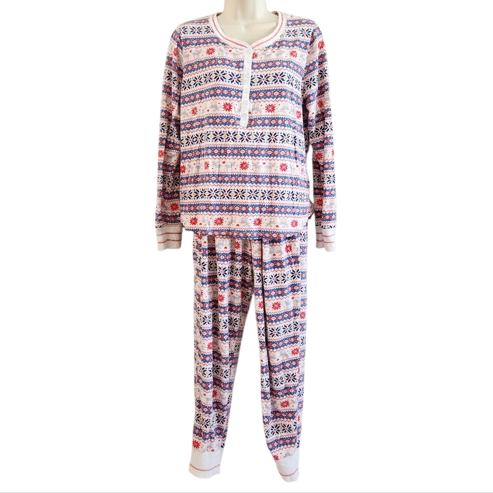 Cuddl Duds Womens 2 Piece Henley Sweater Knit Long Sleeve Pajama Top & Pants Set